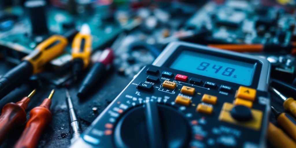 Digital multimeter on a workbench with repair tools.