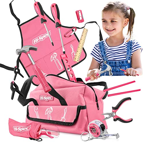 18pc Pink Kids Real Tool Kit Set and Child Size Tool Bag. Real Metal Hand Tools for DIY Building and Woodworking