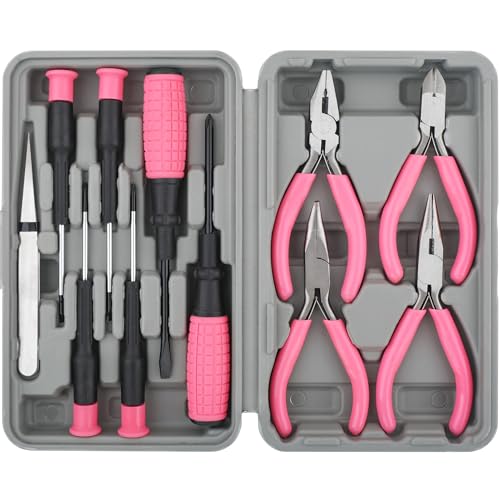 11pc Pink Home DIY and Craft Work Hand Tool Kit Set in a Compact Box Case