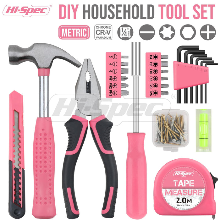 25pc Pink Portable and Compact Household DIY Tool Kit. Small Tool Box Set of Starter Tools