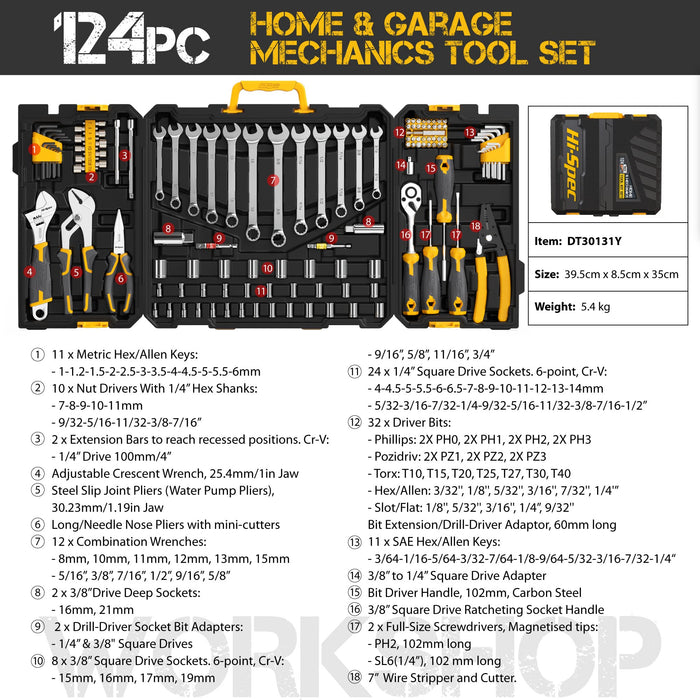 124pc Home & Garage Mechanics Tool Kit Set. Complete Hand Tools for Car and Motorbike Repairs in Tool Box Carry Case
