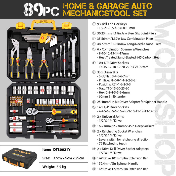 89pc Auto, Garage and Home Mechanics DIY Tool Kit Set. Comprehensive Hand Tools for Car and Motorcycle Repairs