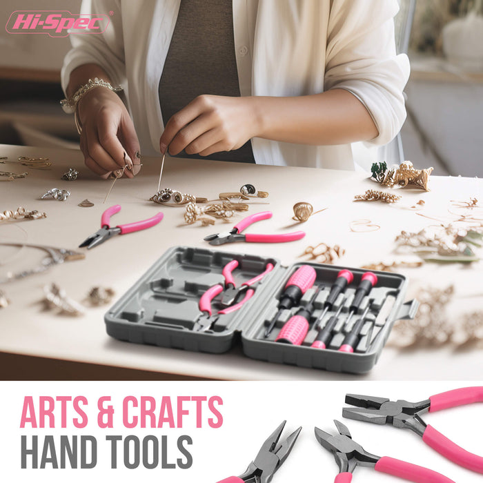 Hi-Spec 11pc Pink DIY Repair & Crafting Tool Kit Set. Includes Compact Precision Pliers & Screwdrivers