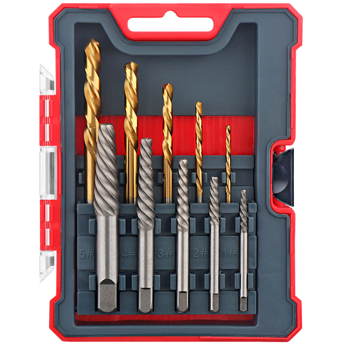 Set di 10 estrattori per viti danneggiate al Cr-Mo e punte da trapano HSS per dimensioni da 1#-9mm a 5#-13mm con filettatura grossa