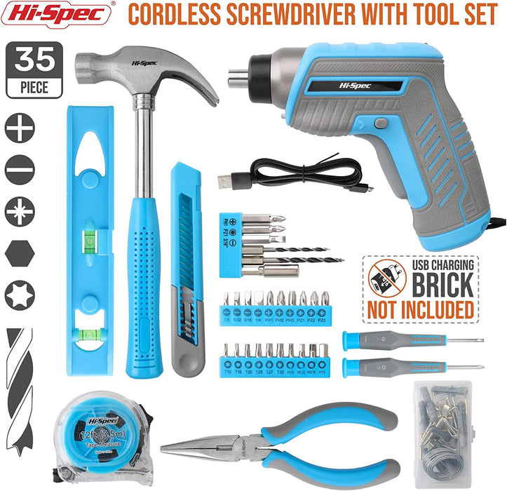 Hi-Spec 35 Piece Home DIY Tool Kit with USB Rechargeable 3.6V Electric Power Screwdriver
