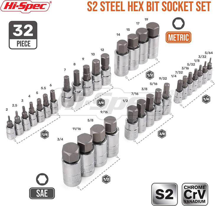 Hi-Spec 32 Piece S2 Steel Hex Bit Socket Set