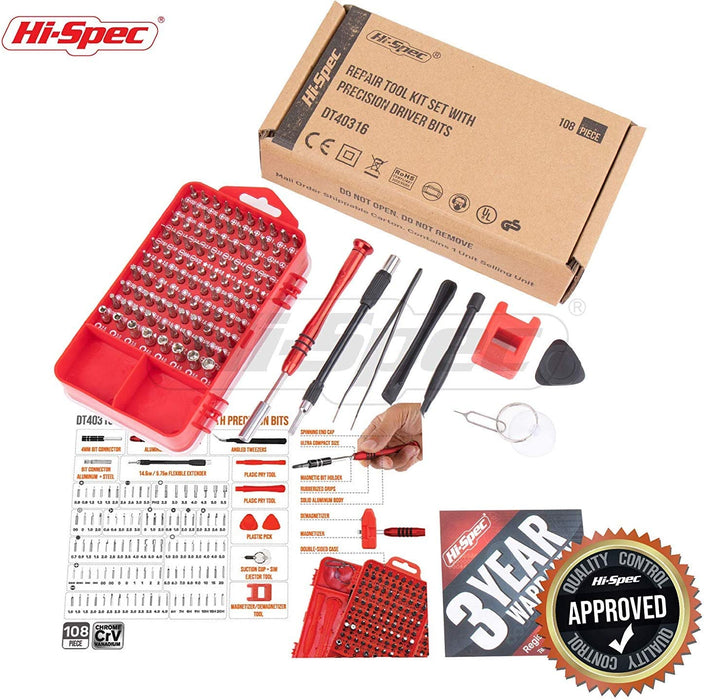 Hi-Spec 108 Piece Repair & Opening Tool Kit Set With Precision Screw Driver Bits