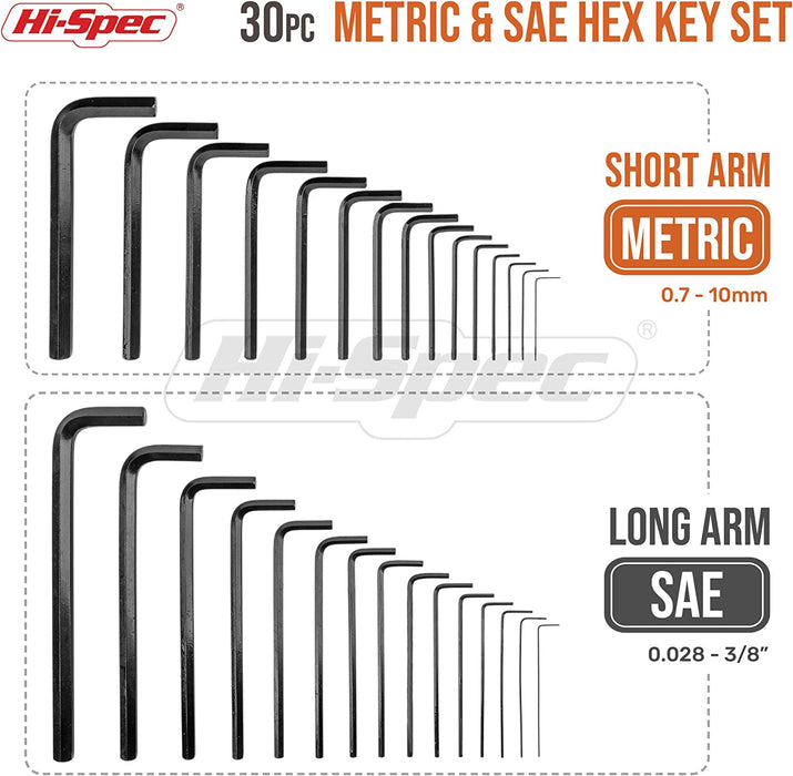 Hi-Spec 30pc Hex Key Set of SAE / Imperial & Metric Sizes