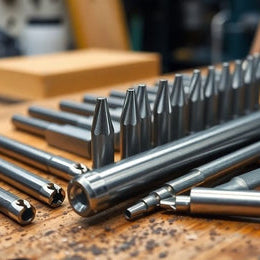 Tap and die set on a workbench with tools arranged.