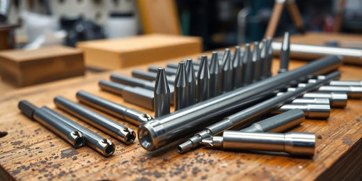 Tap and die set on a workbench with tools arranged.