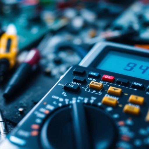 Digital multimeter on a workbench with repair tools.