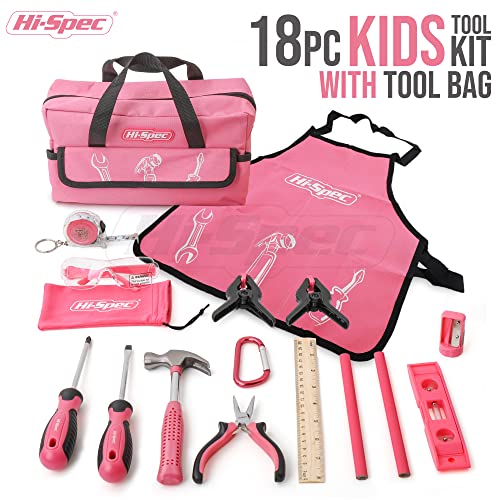 18pc Pink Kids Real Tool Kit Set and Child Size Tool Bag. Real Metal Hand Tools for DIY Building and Woodworking