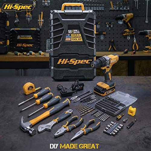 81pc Yellow 18V Cordless Power Drill Driver with Bit Set and Home DIY Tool Kit. All in a Folding Carry Case