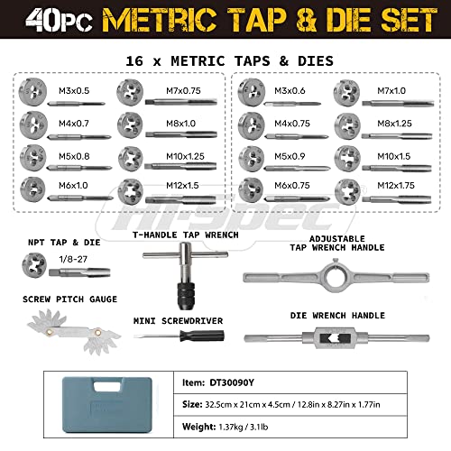 39pc Metric Tap & Die Set. M3 to M12 Sizes to Cut, Chase and Thread. Includes Handles and a Screw Pitch Gauge