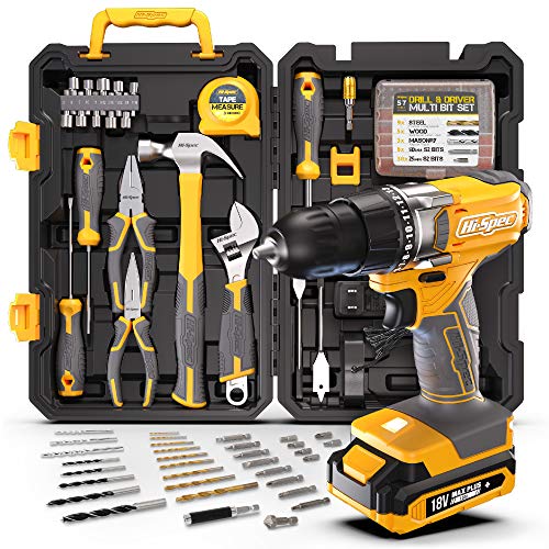 HiSpec 81Piece 18V Cordless Drill Driver and Home Tool Kit， Drill Se