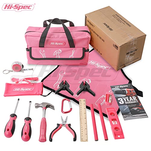 18pc Pink Kids Real Tool Kit Set and Child Size Tool Bag. Real Metal Hand Tools for DIY Building and Woodworking