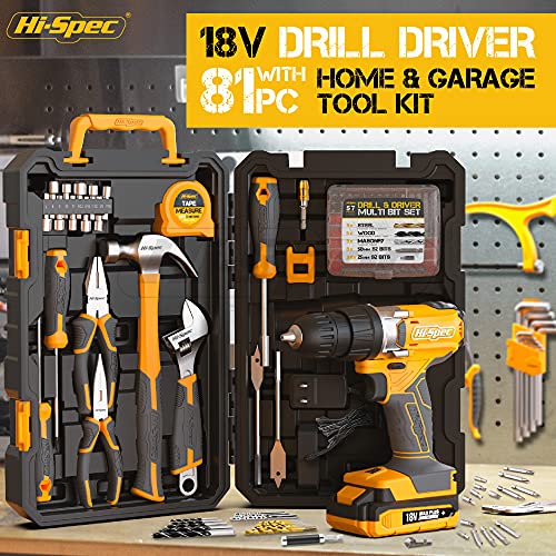 81pc Yellow 18V Cordless Power Drill Driver with Bit Set and Home DIY Tool Kit. All in a Folding Carry Case