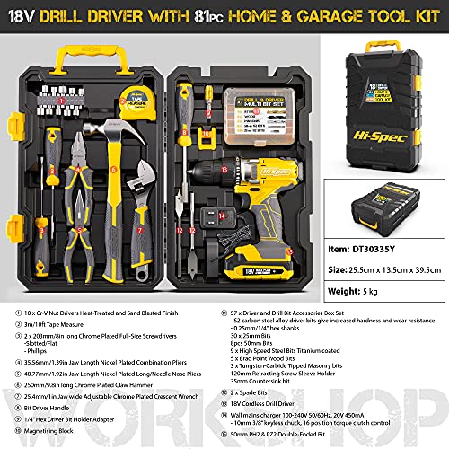 81pc Yellow 18V Cordless Power Drill Driver with Bit Set and Home DIY Tool Kit. All in a Folding Carry Case