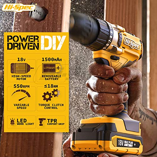 81pc Yellow 18V Cordless Power Drill Driver with Bit Set and Home DIY Tool Kit. All in a Folding Carry Case