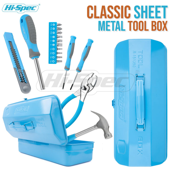 17pc Blue Beginners Tool Kit Set in an All Metal Tool Box. Real Metal Hand Tools for DIY Starters & Kids