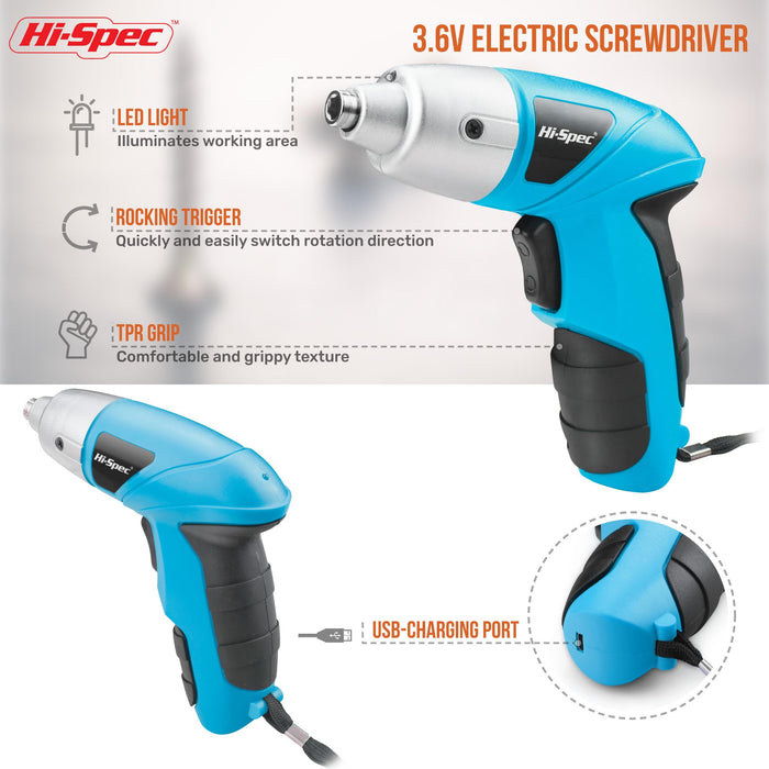 27pc Blue 3.6V Compact Electric Power Screwdriver Set. Cordless & USB Rechargeable with 23 Driver Bits for Home & Office Use