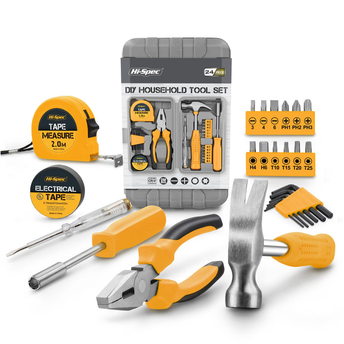 24pc Yellow Compact Household DIY Tool Kit Set. Starter Tools in a Portable Box Case