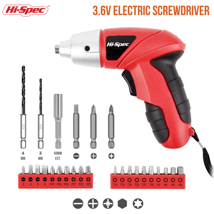 27pc Red 3.6V Compact Electric Power Screwdriver Set. Cordless & USB Rechargeable with 23 Driver Bits for Home & Office Use