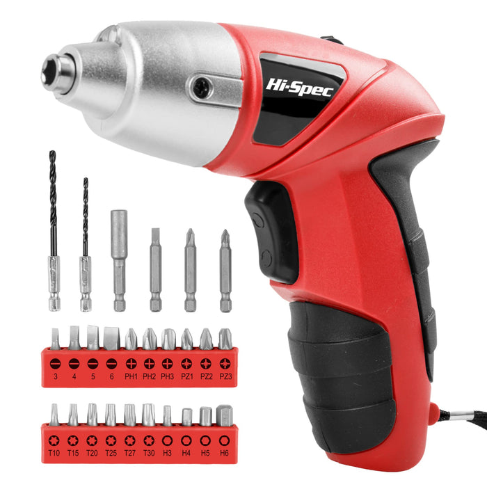 27pc 3.6V Red Compact Electric Power Screwdriver Set. Cordless USB Rechargeable with 23 Driver Bits for Home Office Use