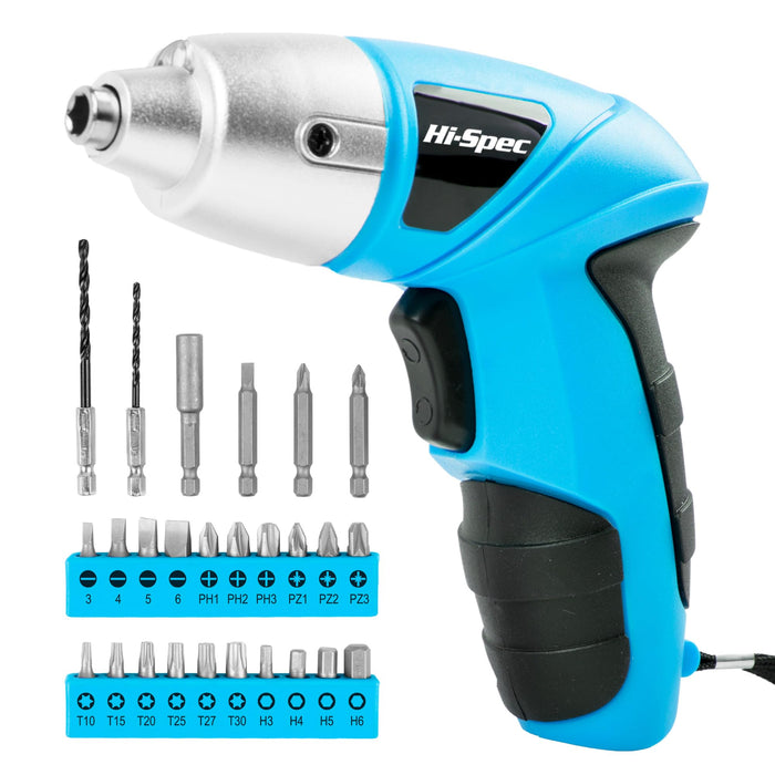 27pc Blue 3.6V Compact Electric Power Screwdriver Set. Cordless & USB Rechargeable with 23 Driver Bits for Home & Office Use