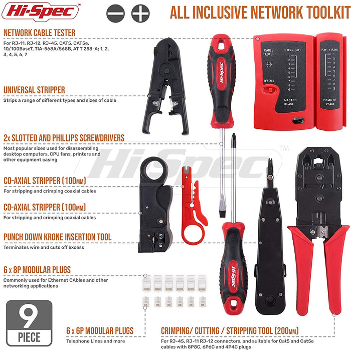 9pc Computer Network Cable Tester Tool Kit Set. Includes Crimper, Punchdown and Coax Stripper