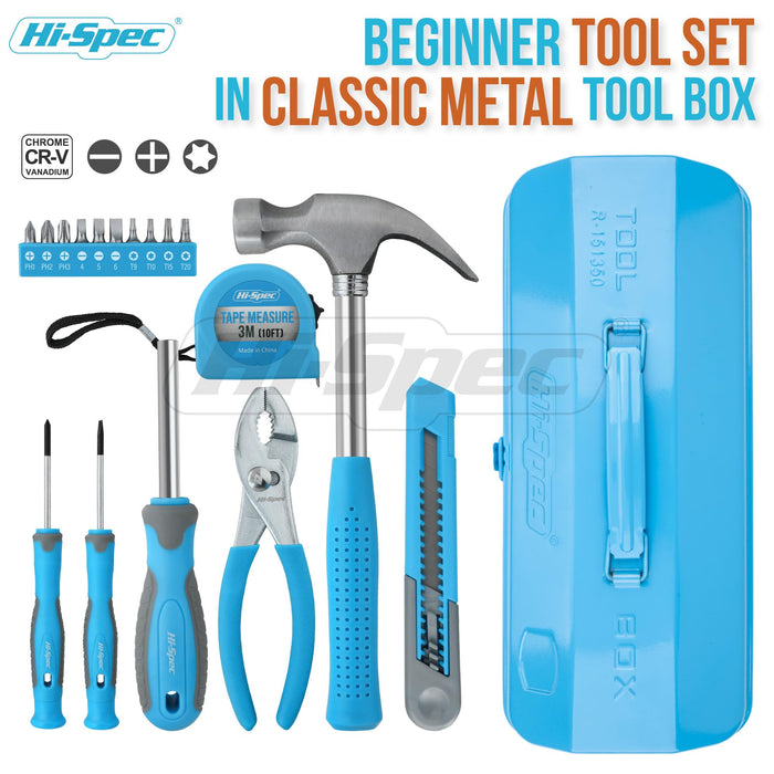 17pc Blue Beginners Tool Kit Set in an All Metal Tool Box. Real Metal Hand Tools for DIY Starters & Kids