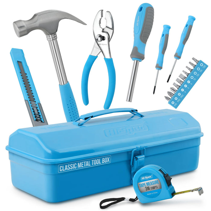 17pc Blue Beginners Tool Kit Set in an All Metal Tool Box. Real Metal Hand Tools for DIY Starters & Kids