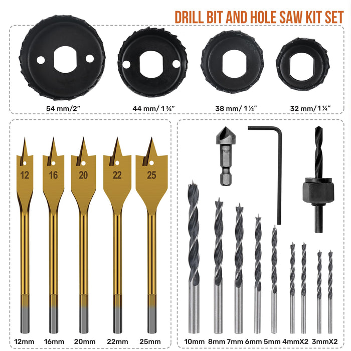 21pc Wood Hole Saws, Brad Points & Spade Drill Bits Set in a Compact Tool Box Case