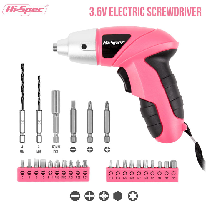 27pc Pink 3.6V Compact Electric Power Screwdriver Set. Cordless & USB Rechargeable with 23 Driver Bits for Home & Office Use