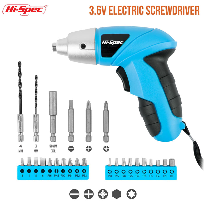 27pc Blue 3.6V Compact Electric Power Screwdriver Set. Cordless & USB Rechargeable with 23 Driver Bits for Home & Office Use