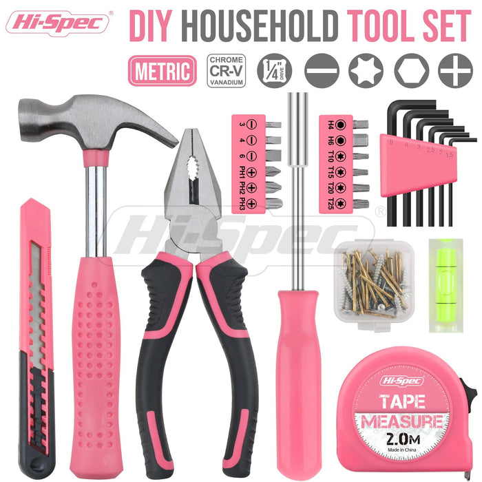 25pc Pink Portable and Compact Household DIY Tool Kit. Small Tool Box Set of Starter Tools