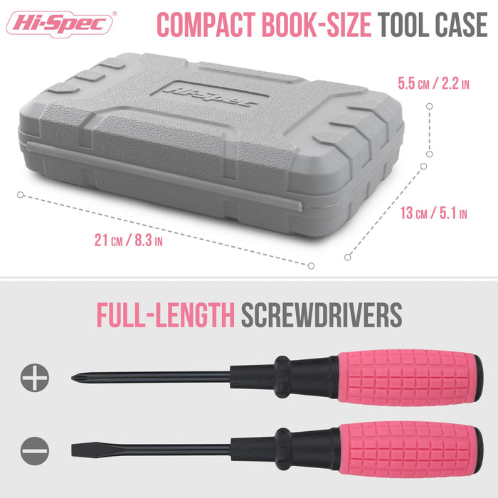 13pc Pink Compact DIY Hand Tool Kit Set for Household and Office Repairs. In a Portable Box Case