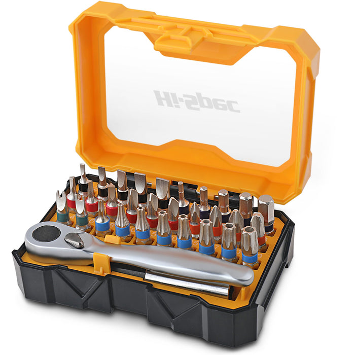 32pc Compact Metric Screw Driver Bit Set and Metal Mini Ratcheting Wrench. Incudes Tamper Proof Security Torx Bits