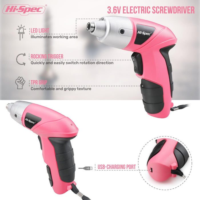 27pc Pink 3.6V Compact Electric Power Screwdriver Set. Cordless & USB Rechargeable with 23 Driver Bits for Home & Office Use