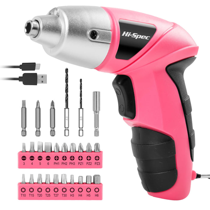 27pc Pink 3.6V Compact Electric Power Screwdriver Set. Cordless & USB Rechargeable with 23 Driver Bits for Home & Office Use