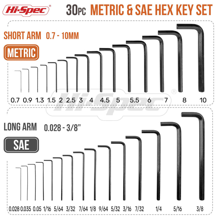 30pc SAE & Metric Hex Allen Key Wrench Set. Includes Sizes From 0.035” Up To 10mm. In a Slim Folding Case