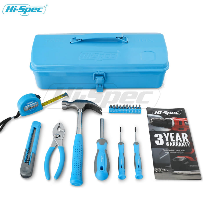 17pc Blue Beginners Tool Kit Set in an All Metal Tool Box. Real Metal Hand Tools for DIY Starters & Kids