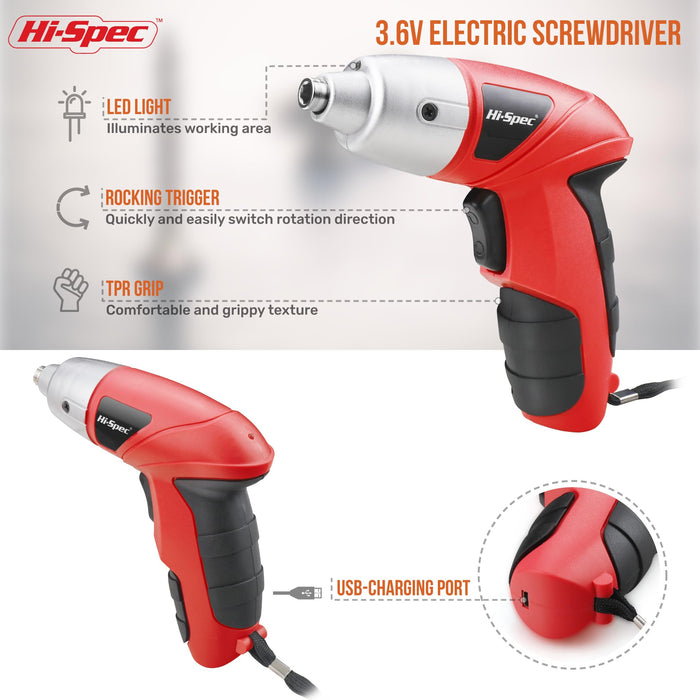 27pc Red 3.6V Compact Electric Power Screwdriver Set. Cordless & USB Rechargeable with 23 Driver Bits for Home & Office Use