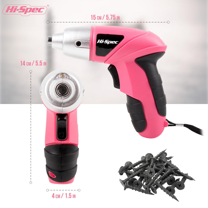 27pc Pink 3.6V Compact Electric Power Screwdriver Set. Cordless & USB Rechargeable with 23 Driver Bits for Home & Office Use