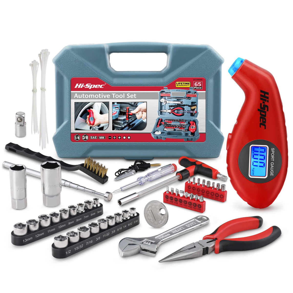 65pc Auto Home Garage DIY Tool Kit Set. Digital Air Gauge and