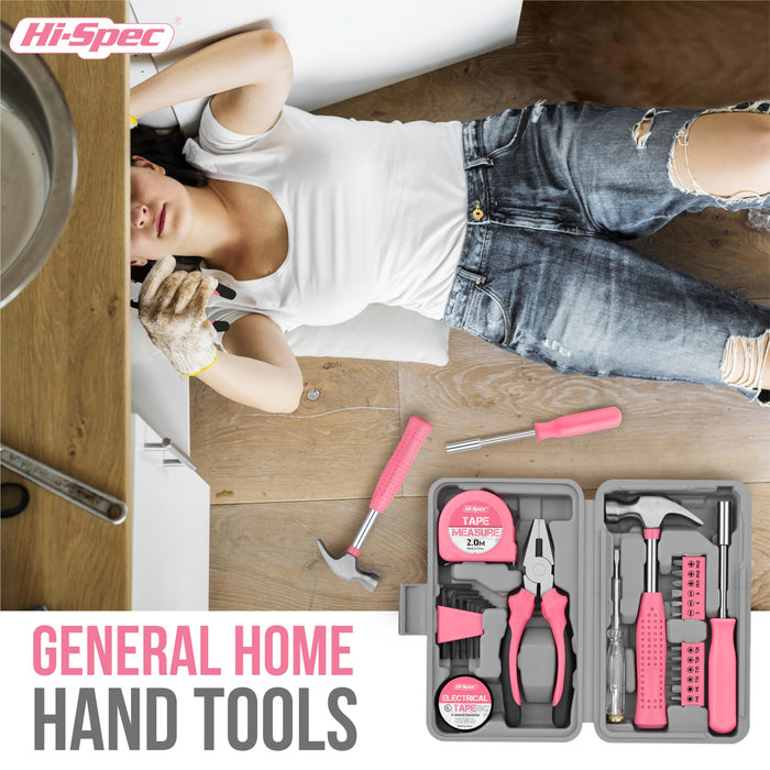 24pc Pink Compact Household DIY Tool Kit Set. Starter Tools in a Portable Box Case