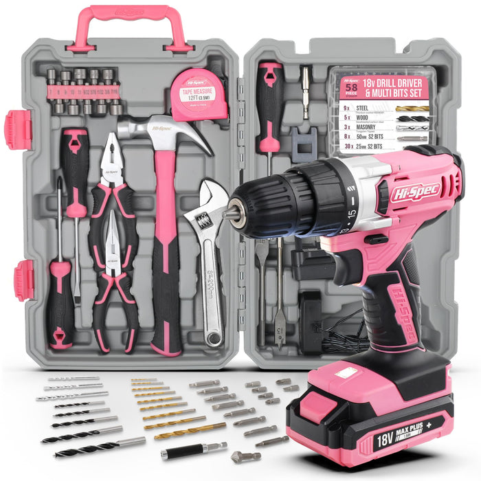 81pc Pink 18V Cordless Power Drill Driver with Bit Set and Home DIY Tool Kit. All in a Folding Carry Case