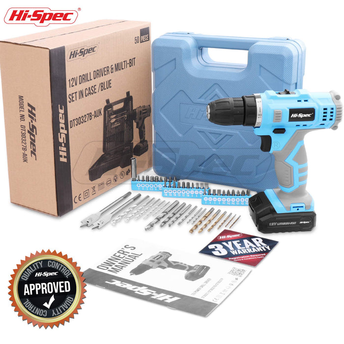 50pc Blue 12V Cordless Power Drill Driver and Drill Bit Set in a Portable Carry Case