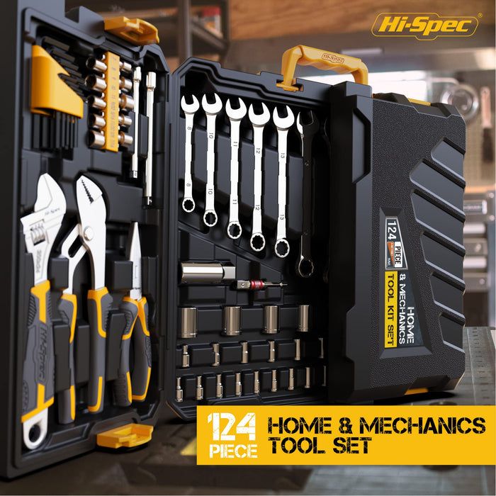 124pc Home & Garage Mechanics Tool Kit Set. Complete Hand Tools for Car and Motorbike Repairs in Tool Box Carry Case