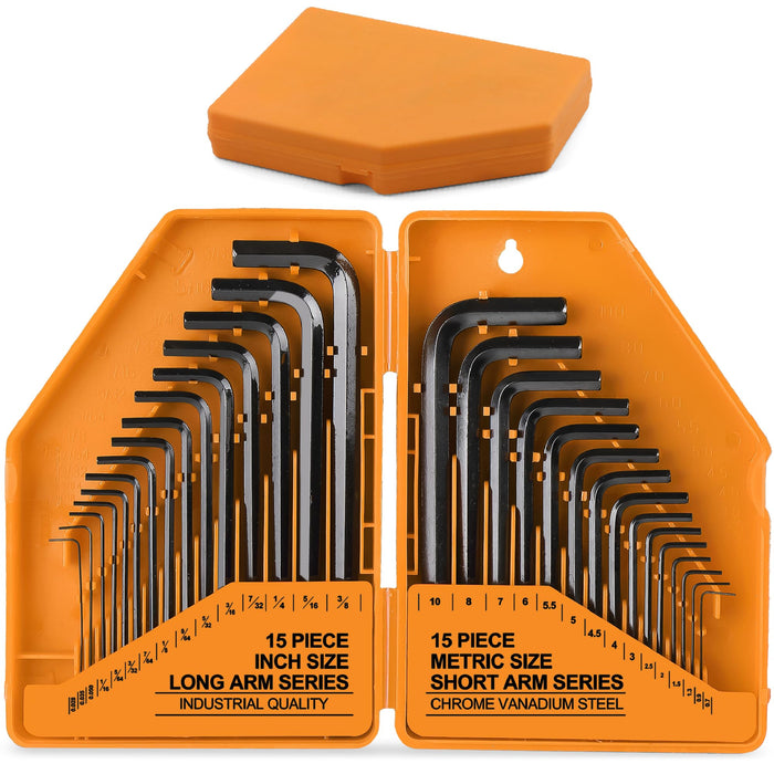 30pc SAE & Metric Hex Allen Key Wrench Set. Includes Sizes From 0.035” Up To 10mm. In a Slim Folding Case